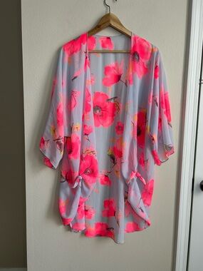 Lightweight Chiffon Kimono Vibrant Pink Grey Floral Cardigan Cover Up Size M